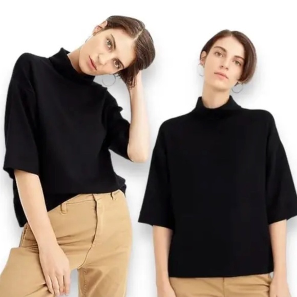 J.Crew 365 Black Crepe Knit Stretch Turtleneck Elbow Drop Sleeve Top -Size Small - Picture 2 of 10